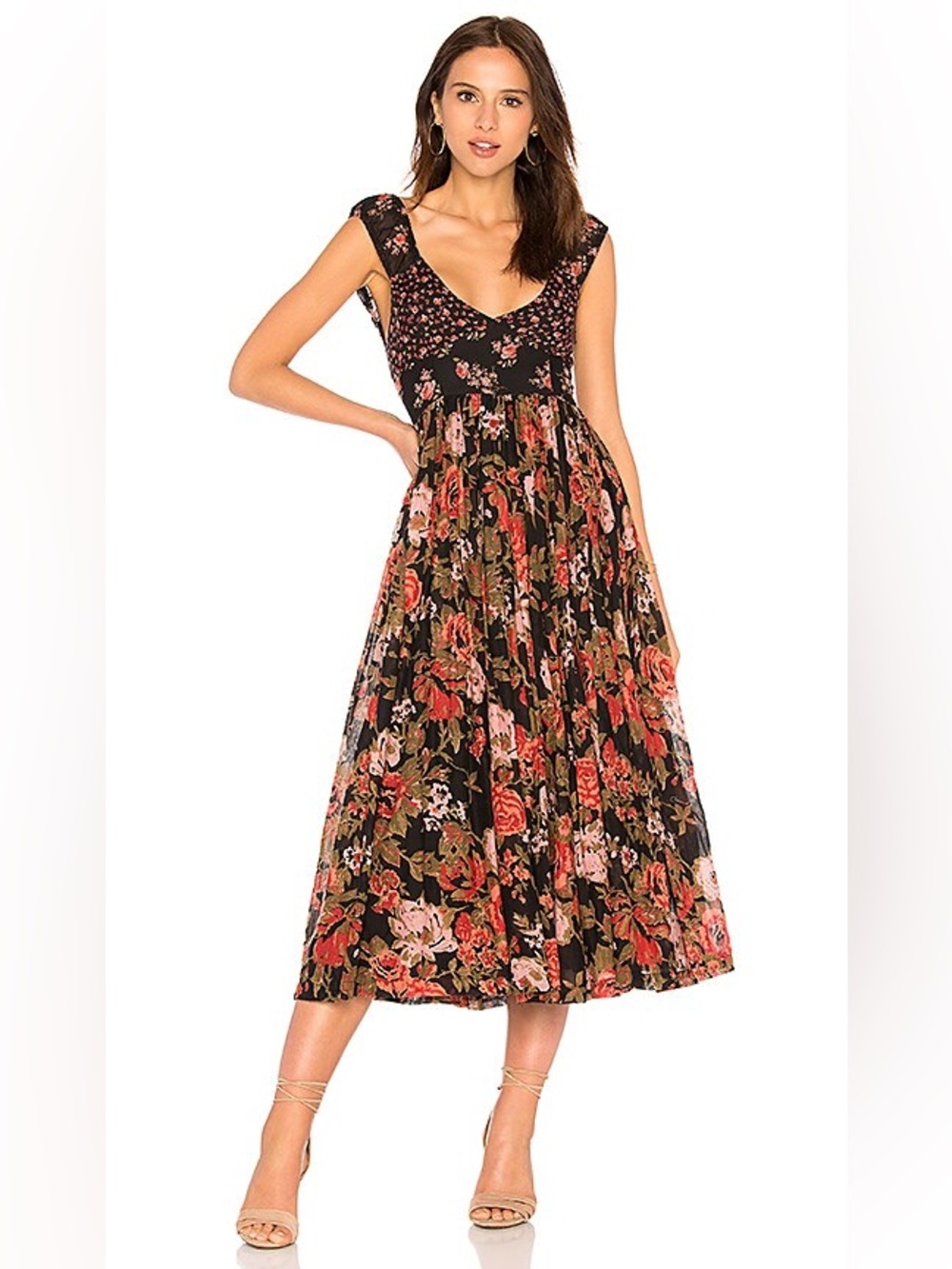 Free People Love You Midi Dress Black Red Floral XS